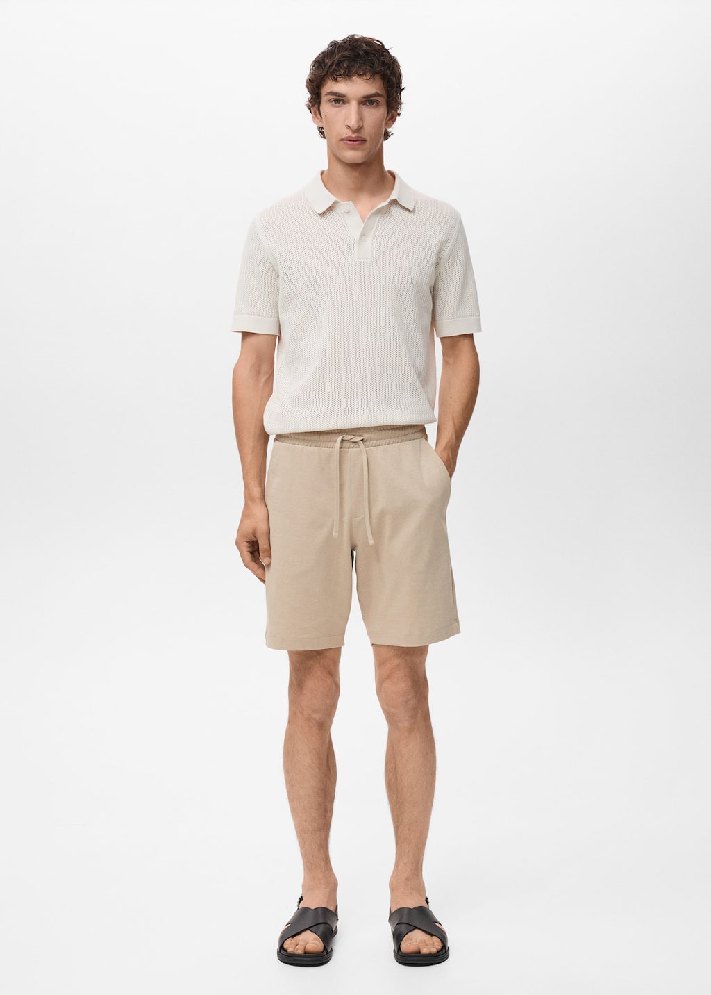 Mango Man 100% Cotton Bermuda Shorts With Drawstring Ecru