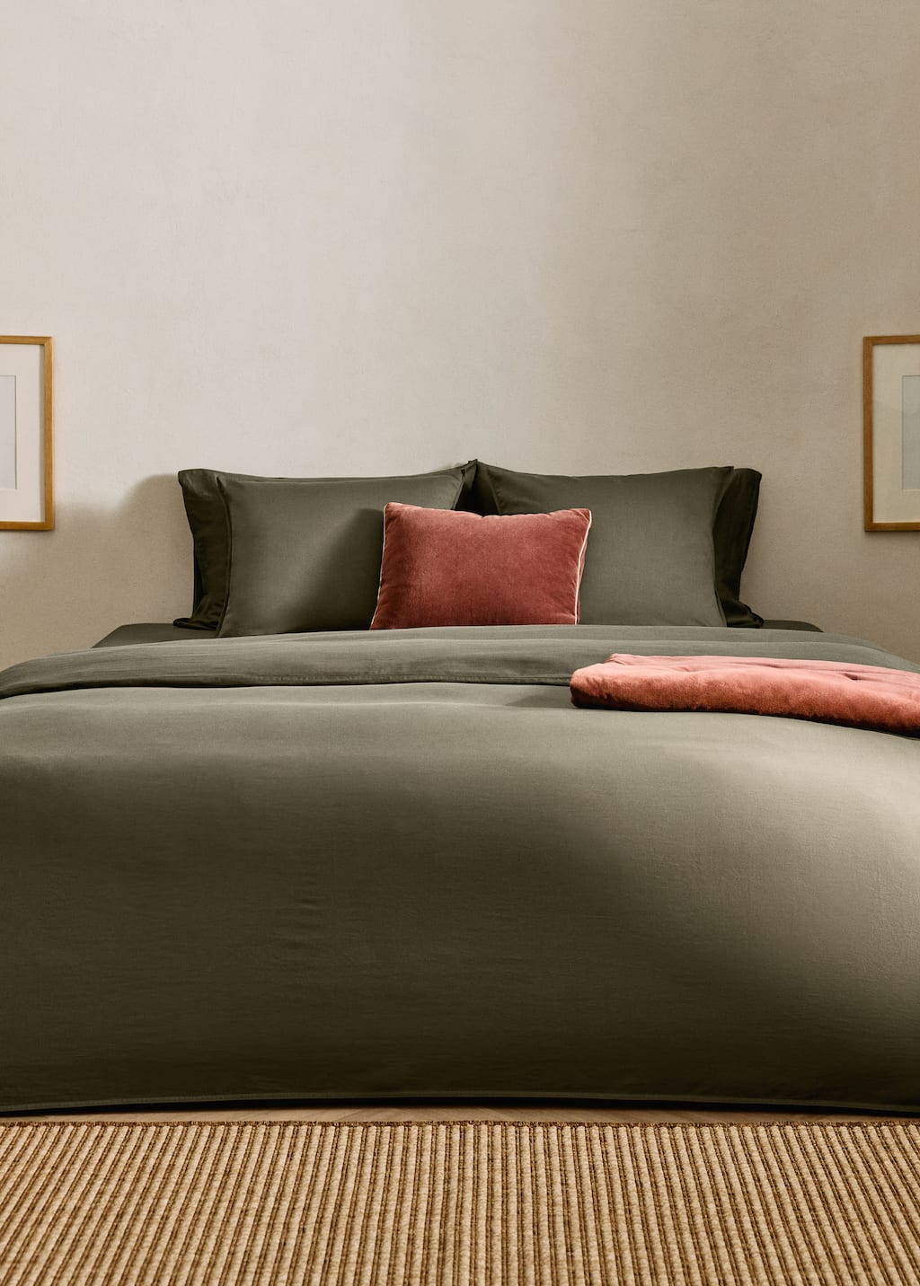 Mango Home Washed Satin Cotton Double-stitched Duvet Cover Queen Bed Olive Green