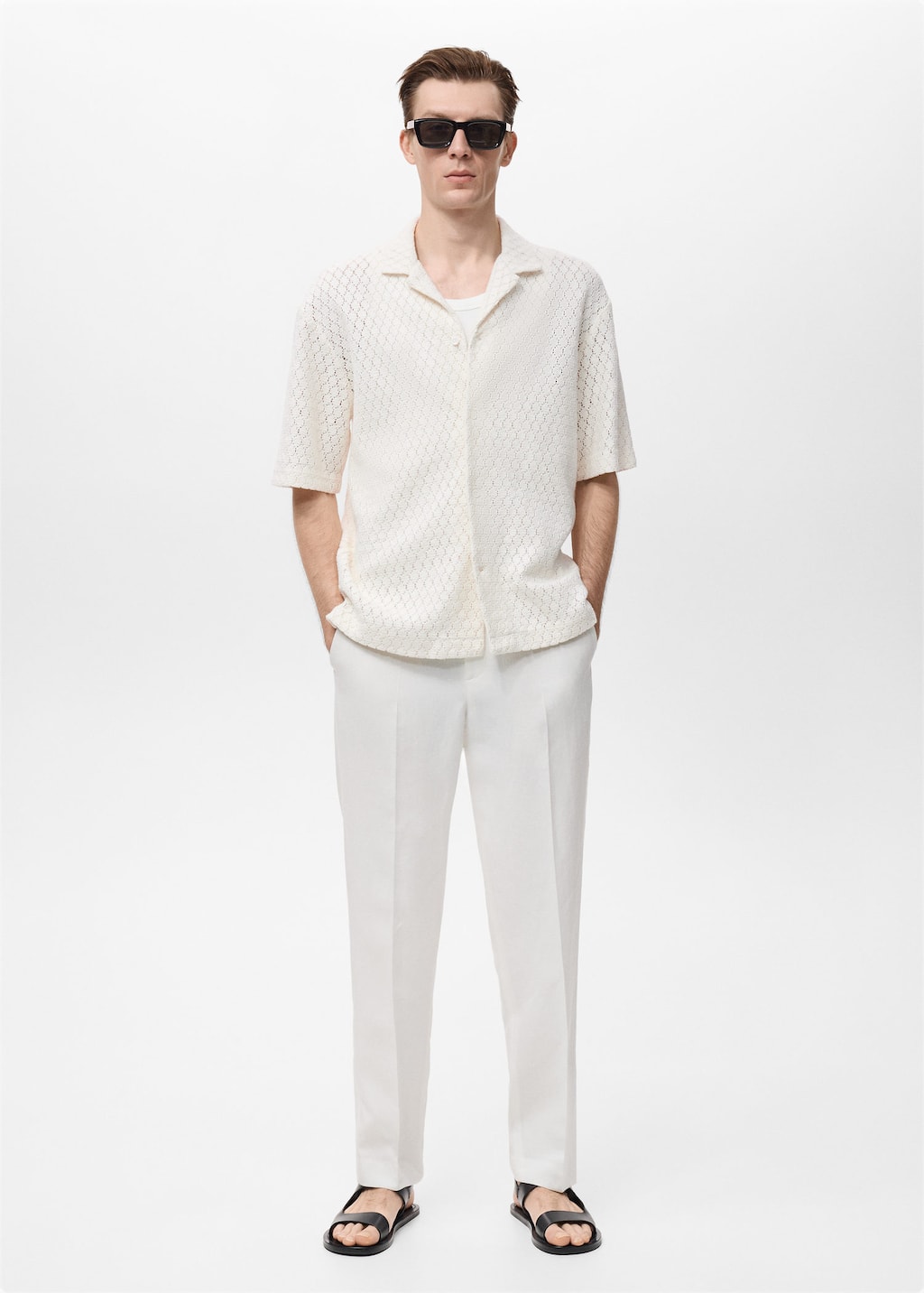Mango Man Cotton Blouse With Openwork Detail Off White