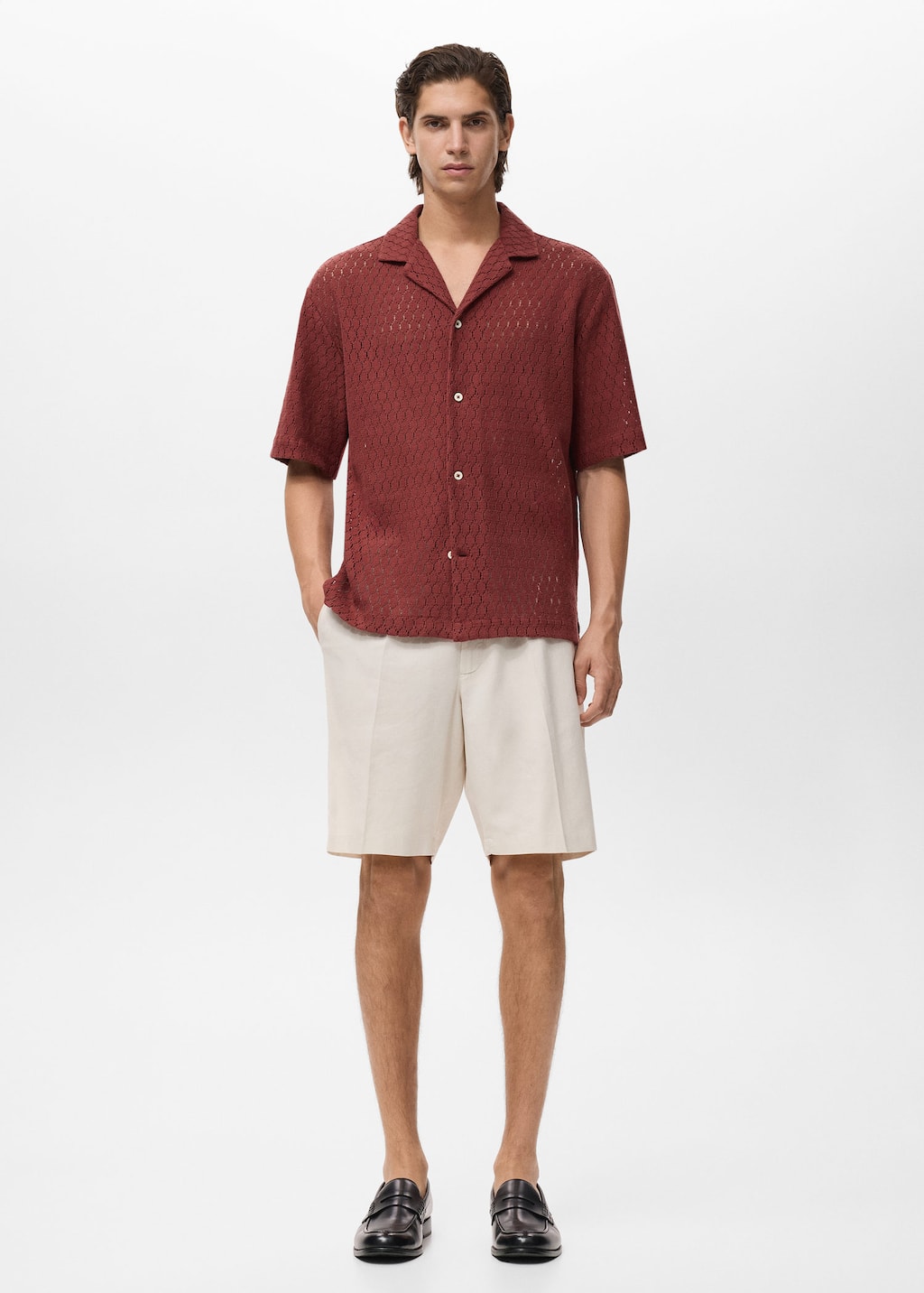 Mango Man Cotton Blouse With Openwork Detail Cherry