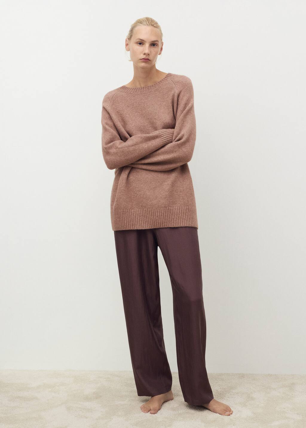 Mango Pull-over Maille Col Rond Marron Moyen - Femme - L - In Brown