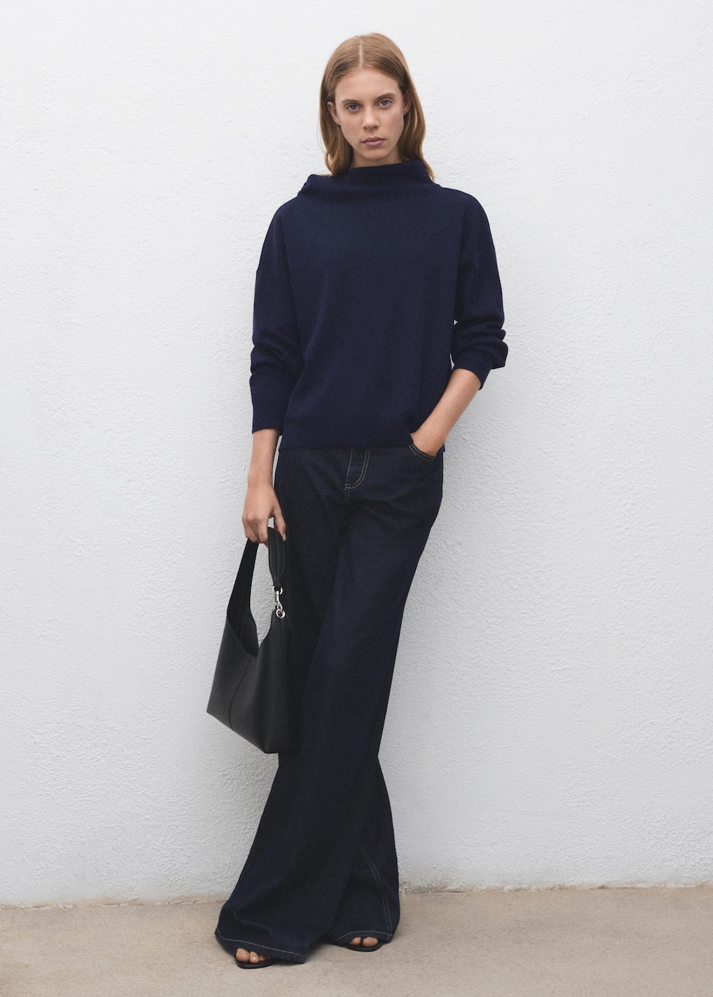 Mango Ruched Turtleneck Sweater Navy In Blue