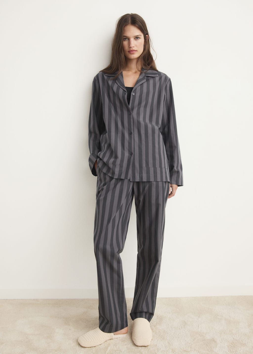 Mango Chemise Pyjama Rayures Tricotées Gris - Femme - L -  In Gray
