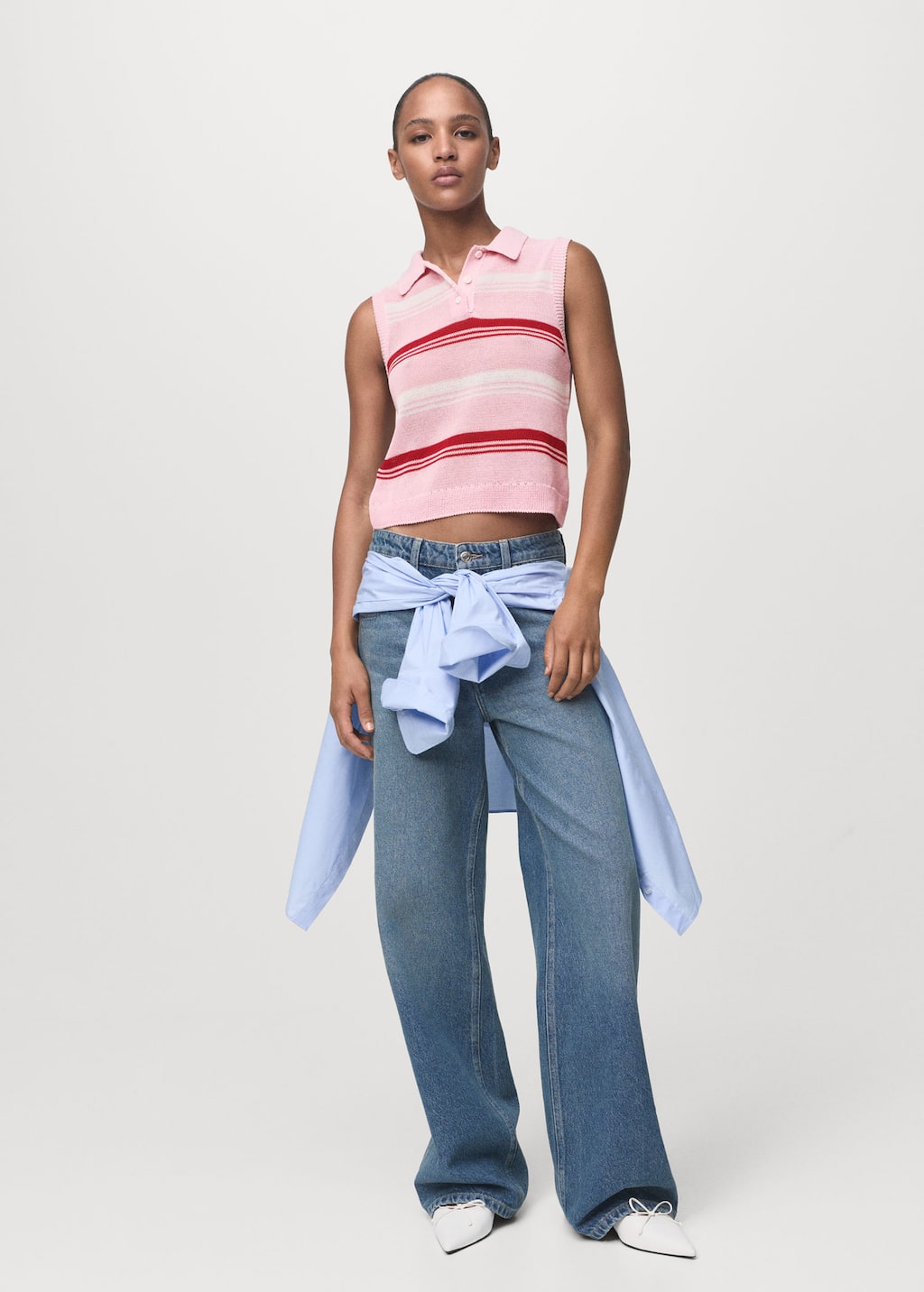 Mango Striped Knit Top With Polo Neck Pastel Pink In Pink