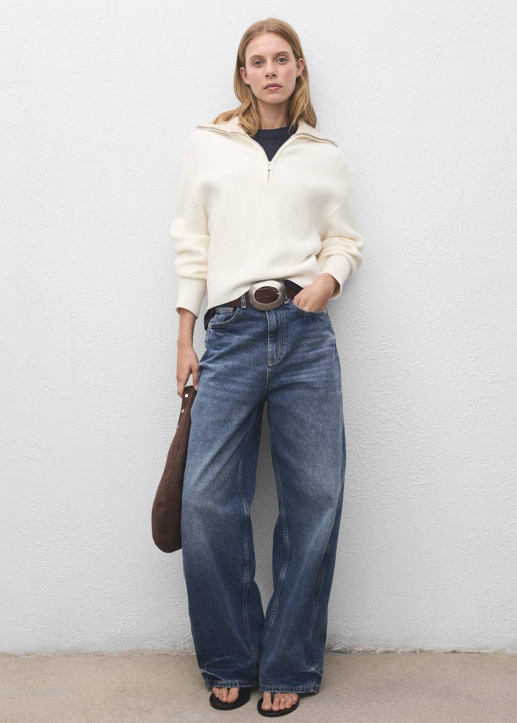 Mango Knitted Sweater With Zipper In Gray