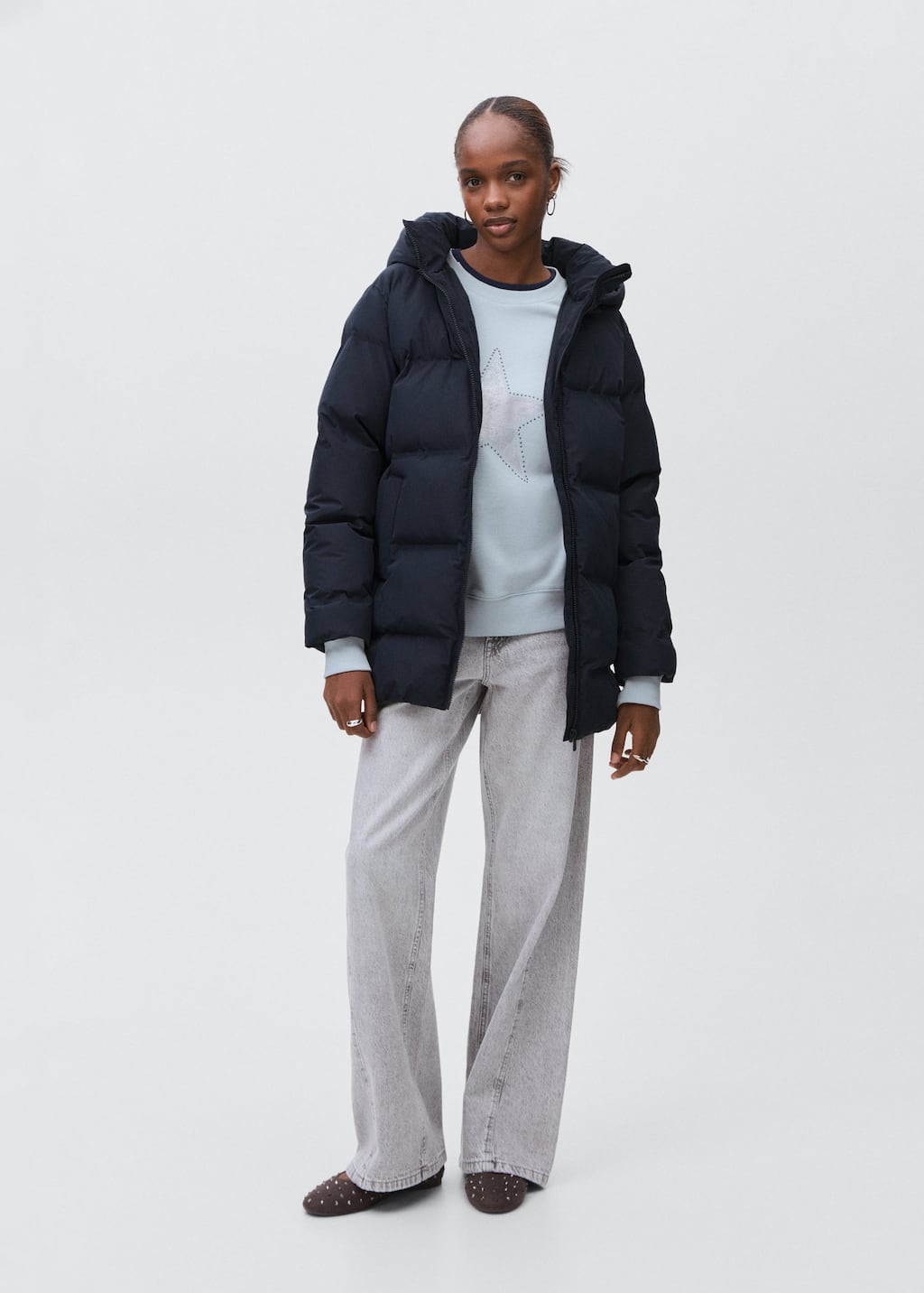 Mango Teen Quilted Long Coat Navy In Black