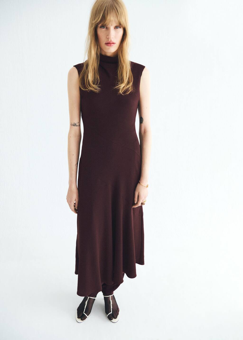Mango Robe Longue Col Montant Marron - Femme - L - In Brown