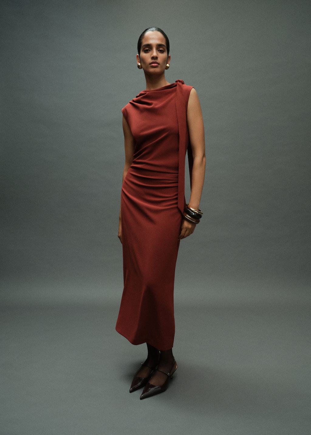 Mango Ruched Dress With Knot Detail In Brown