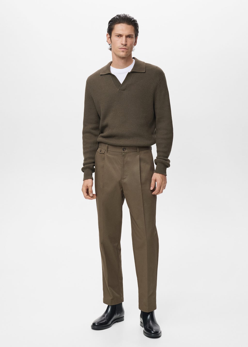Mango Man Regular Fit Pleated Cotton Trousers Brown In Brown