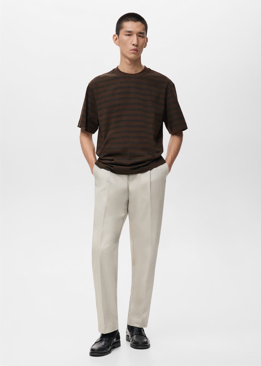 Mango Man 100% Cotton Relaxed-fit Striped T-shirt Medium Brown In Black