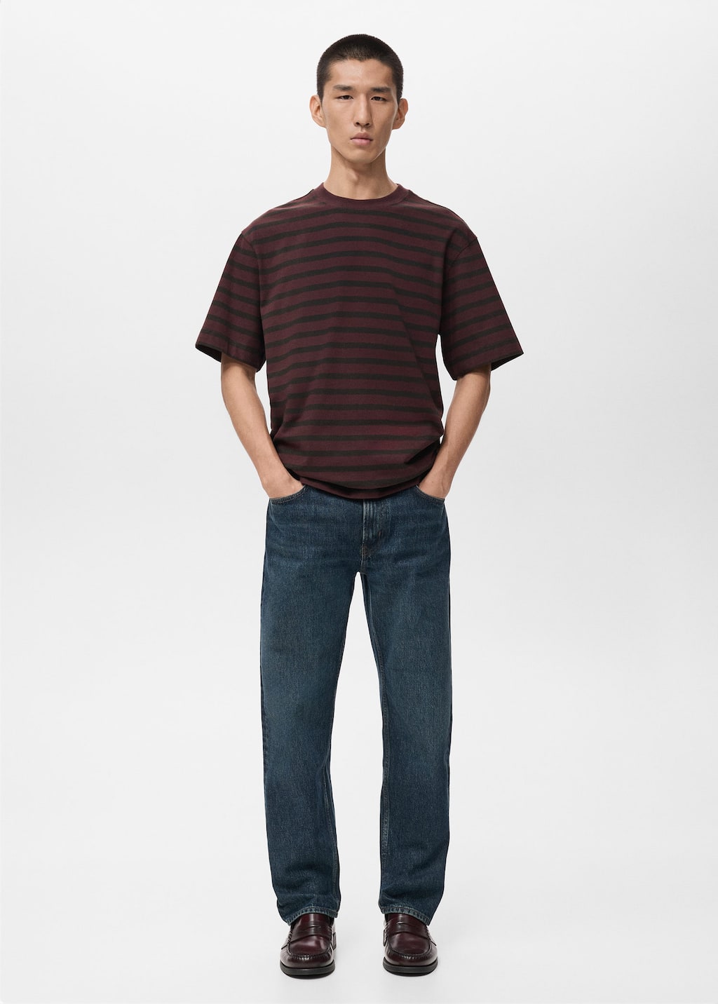Mango Man 100% Cotton Relaxed-fit Striped T-shirt Wine In Black