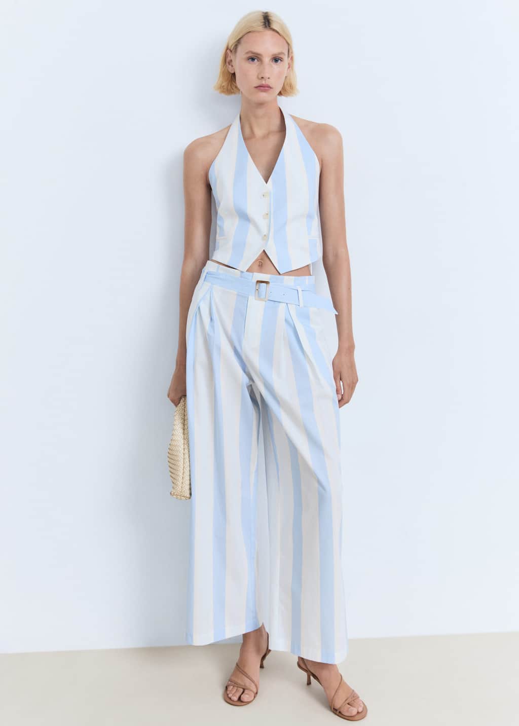 Striped culotte trousers with belt sky blue - Woman - 6 - MANGO