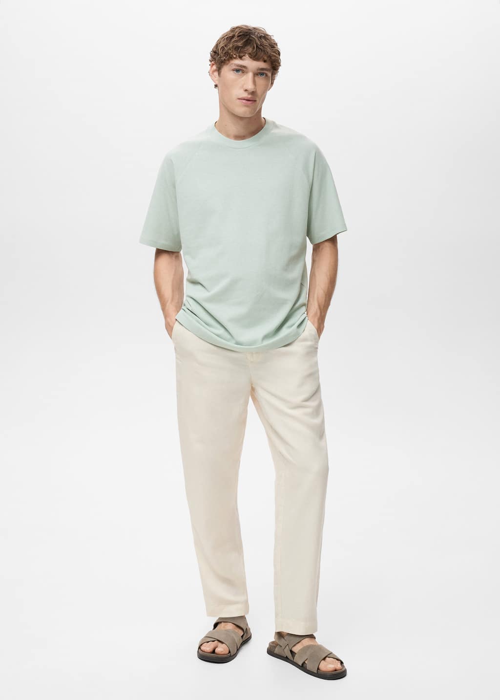 Mango Man Relaxed-fit Cotton-linen T-shirt Aqua Green