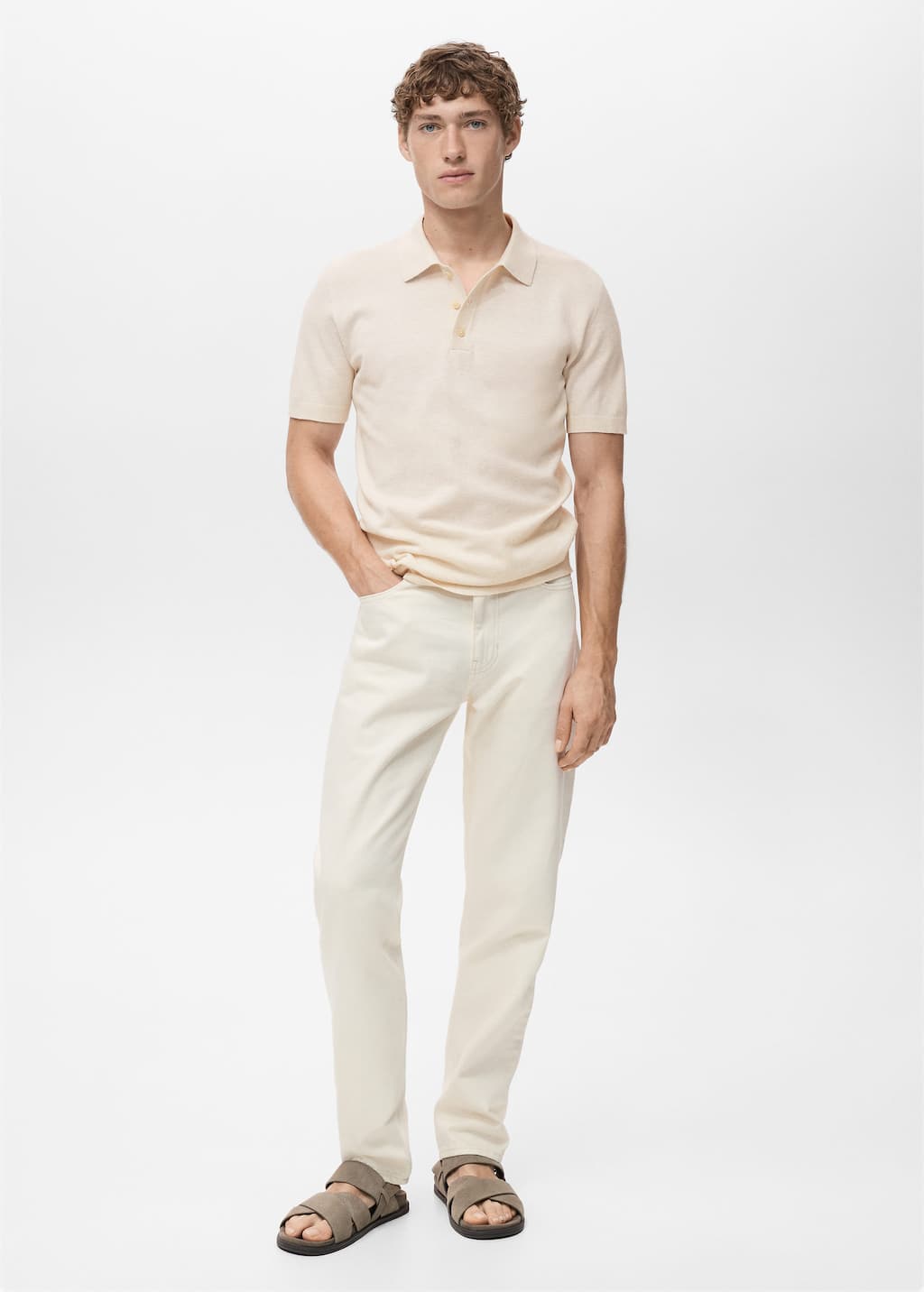 Mango Man Fine-knit Cotton Polo Shirt Ivory White