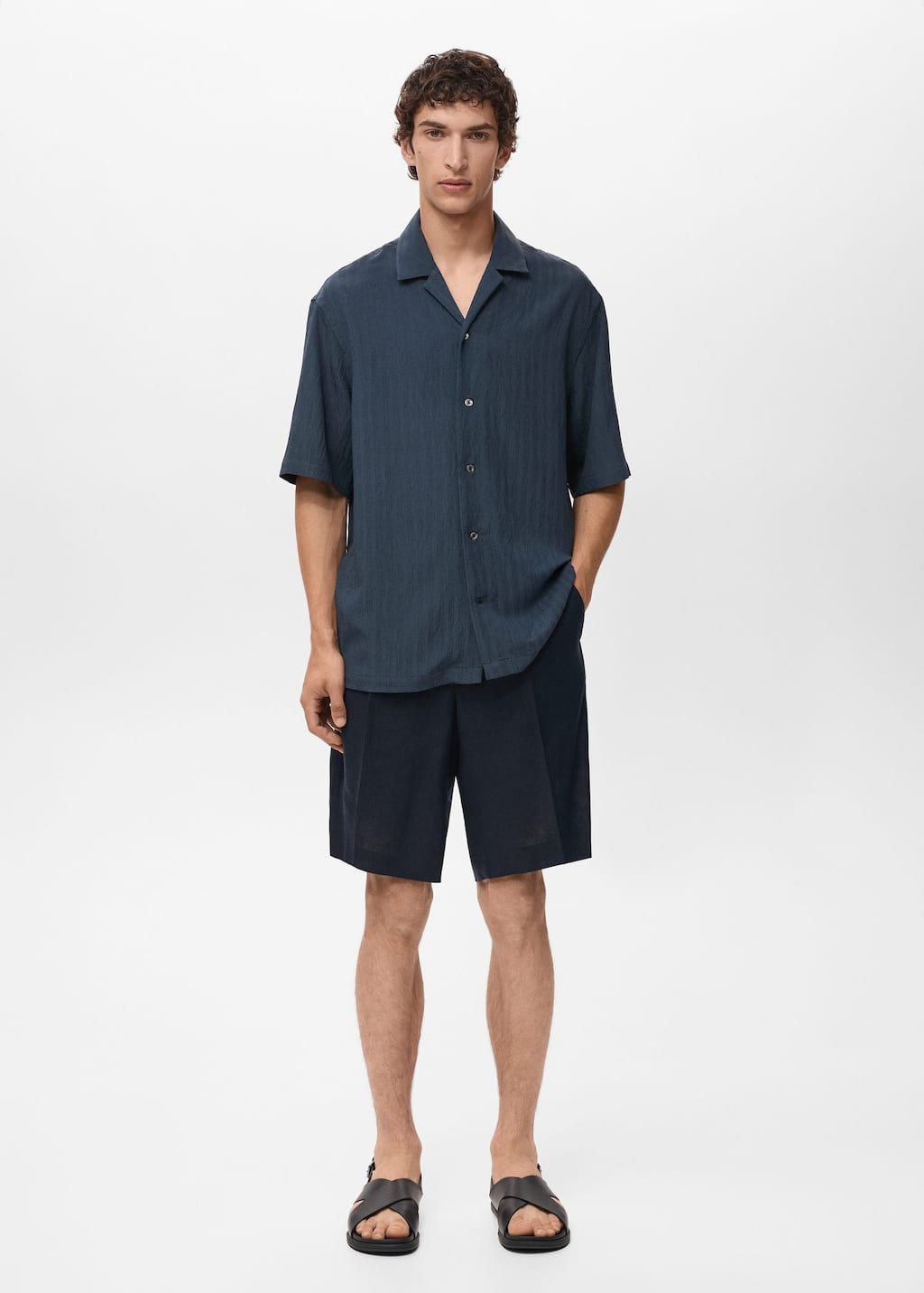 Mango Man Striped Embroidered Shirt Navy