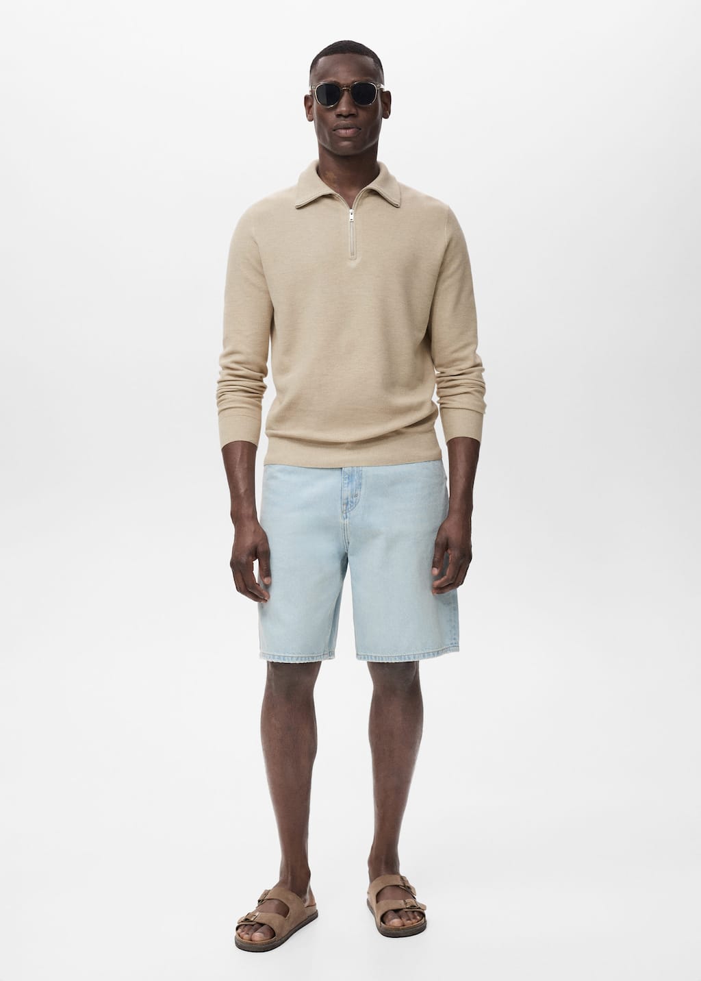 Mango Man Microstructure Sweater With Zipper Collar Beige
