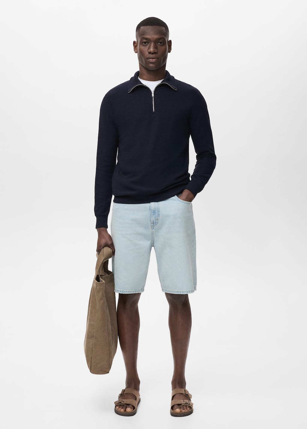 Mango Man Microstructure Sweater With Zipper Collar Navy