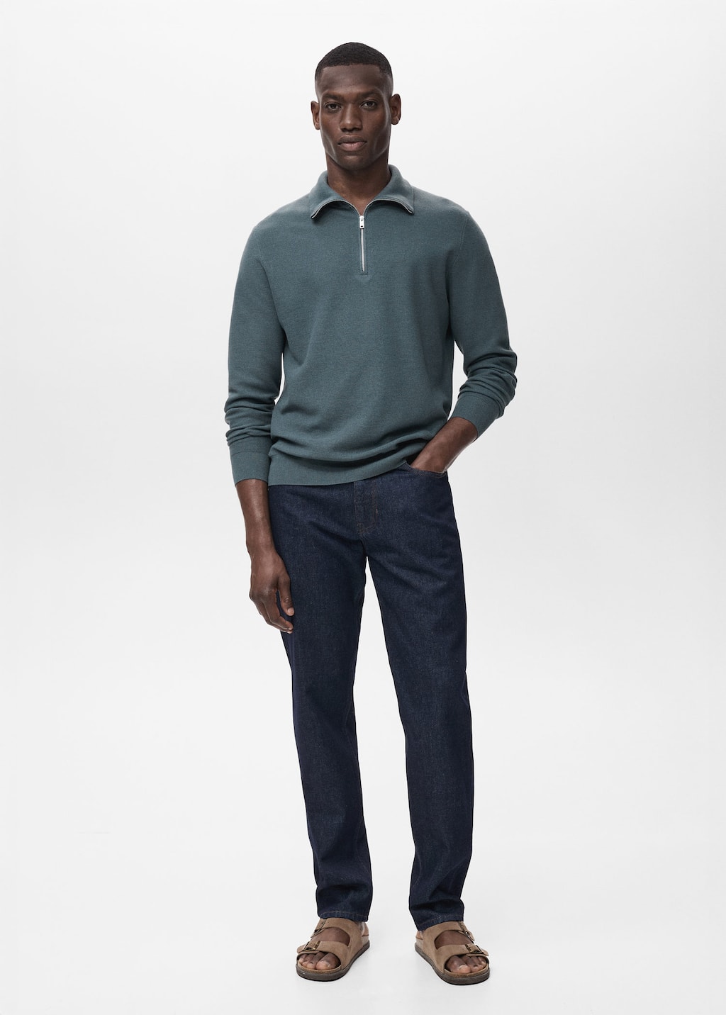 Mango Man Microstructure Sweater With Zipper Collar Petrol Blue In Blue