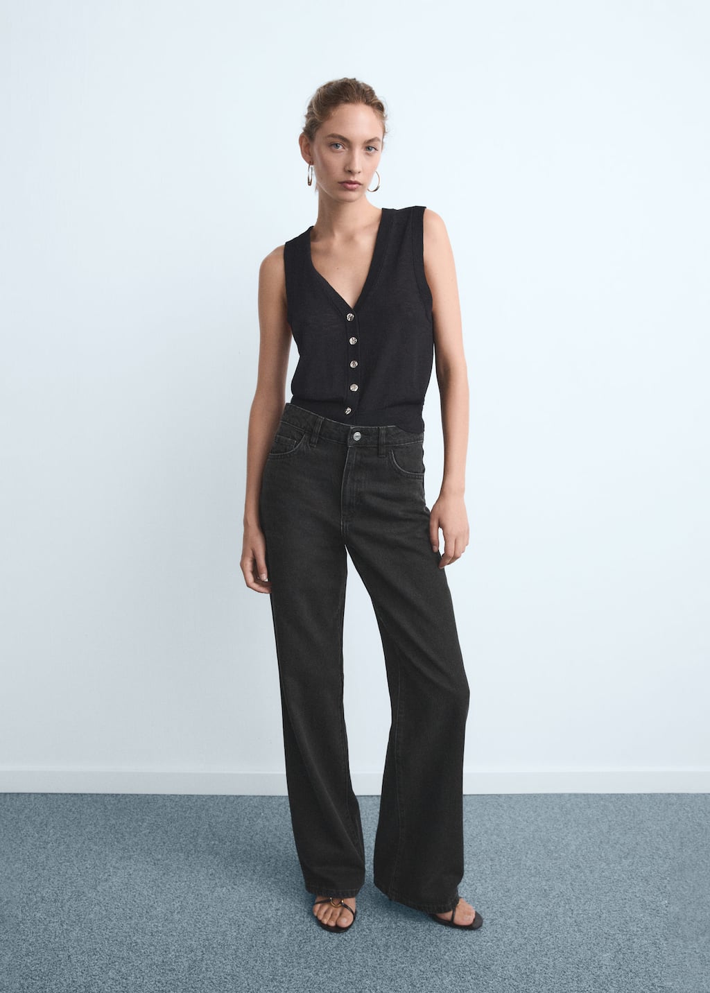 Mango Danila Wide Leg High-rise Jeans Black Denim In Black