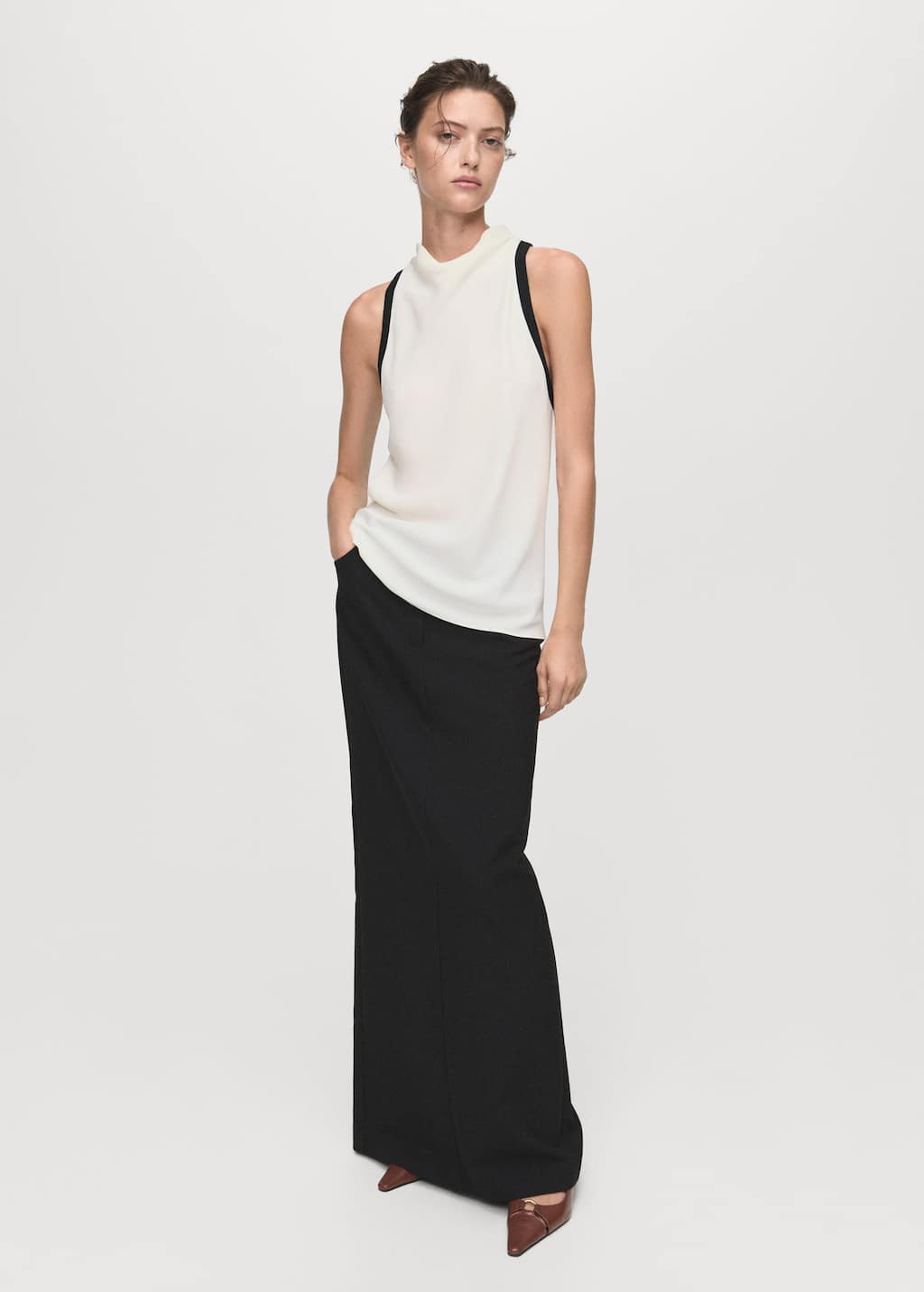 Mango Contrast Trim Draped Collar Blouse In White