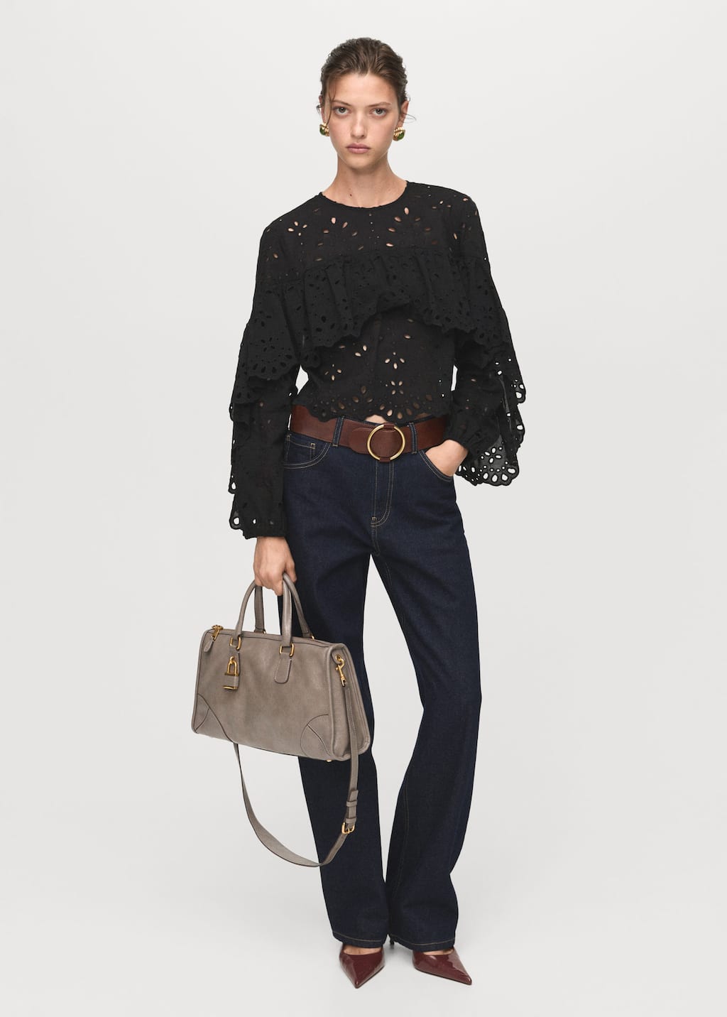 Mango Blouse With Perforated Embroidery And Ruffles Black In Black
