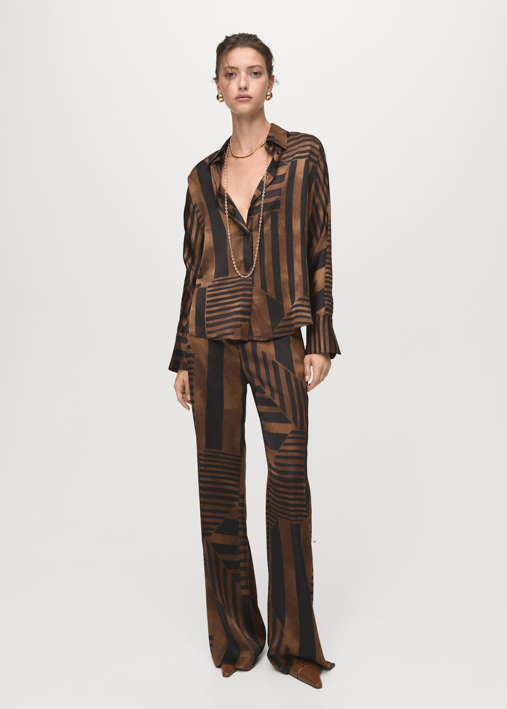 Mango Stripe Satin Button-up Shirt In Brown