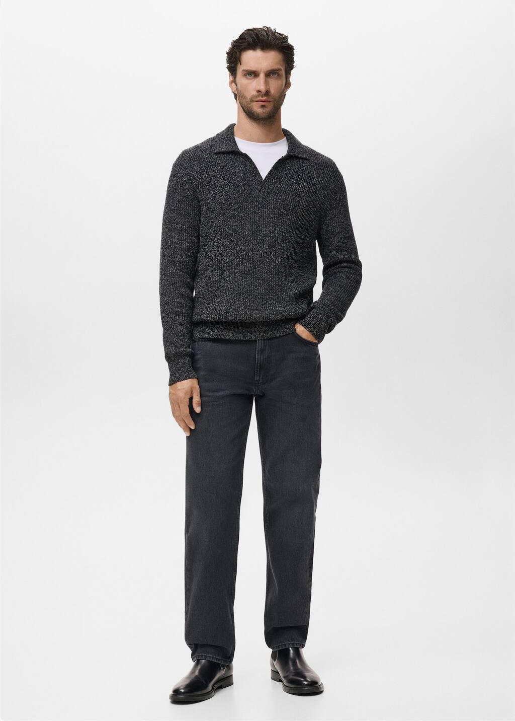 Mango Man Pull Polo 100 % Coton Gris Chiné Foncé - Homme - Xl - In Multi