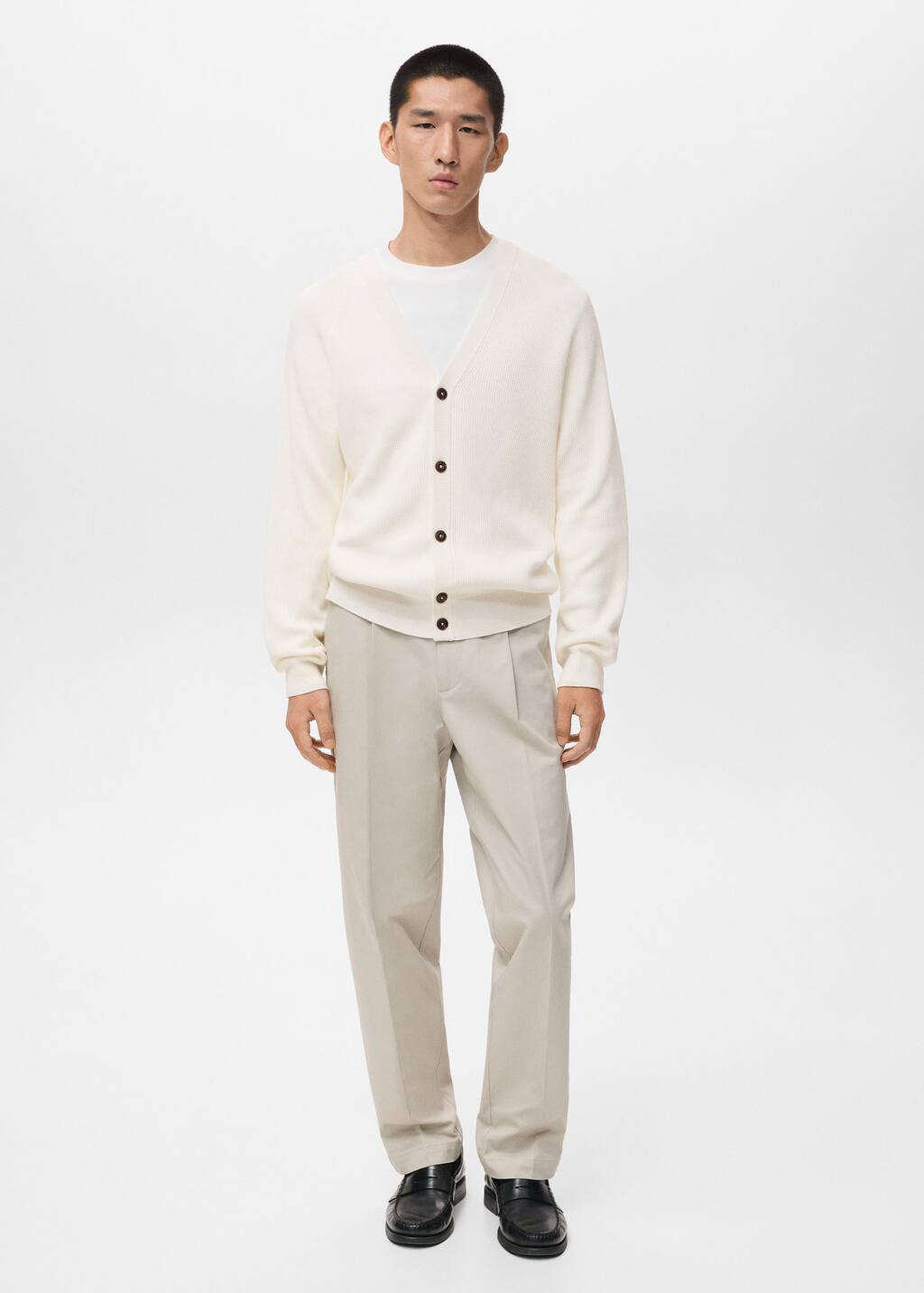 Mango Man Ribbed Knitted Cardigan With Buttons Off White In White