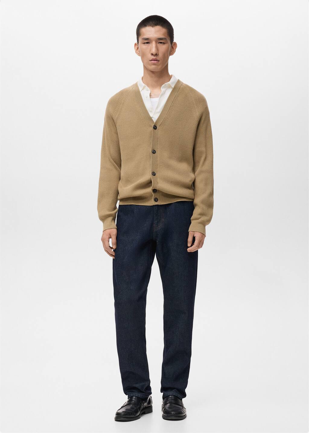 Mango Man Ribbed Knitted Cardigan With Buttons Beige In Sand