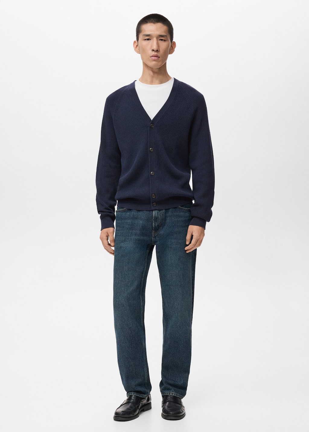 Mango Man Ribbed Knitted Cardigan With Buttons Navy In Blue
