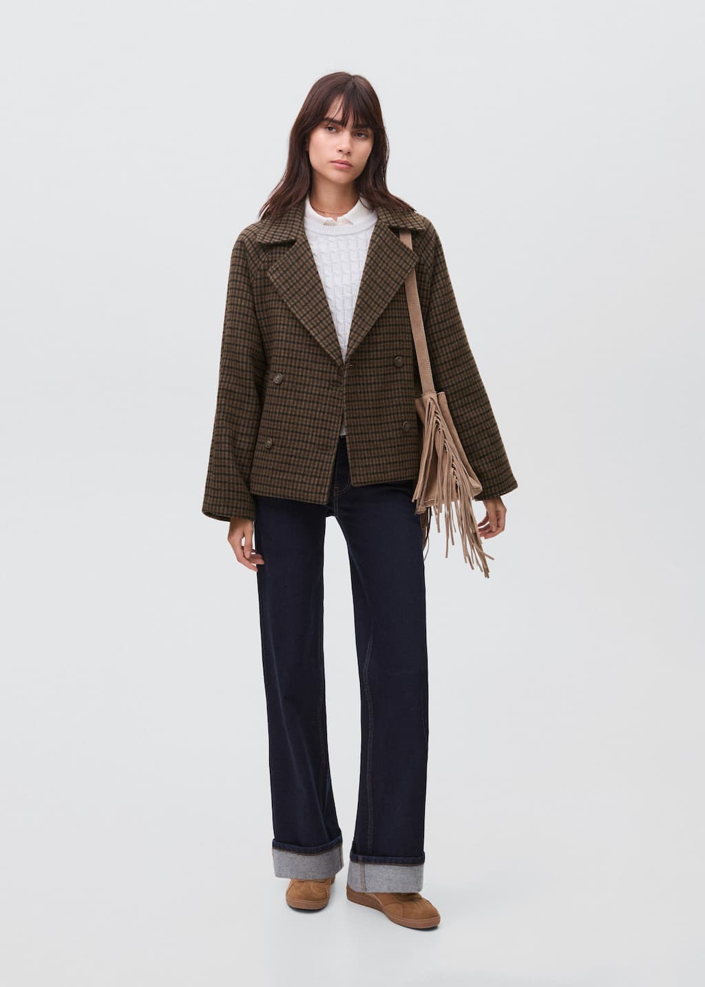 Mango Teen Checked Wool-blend Coat Brown