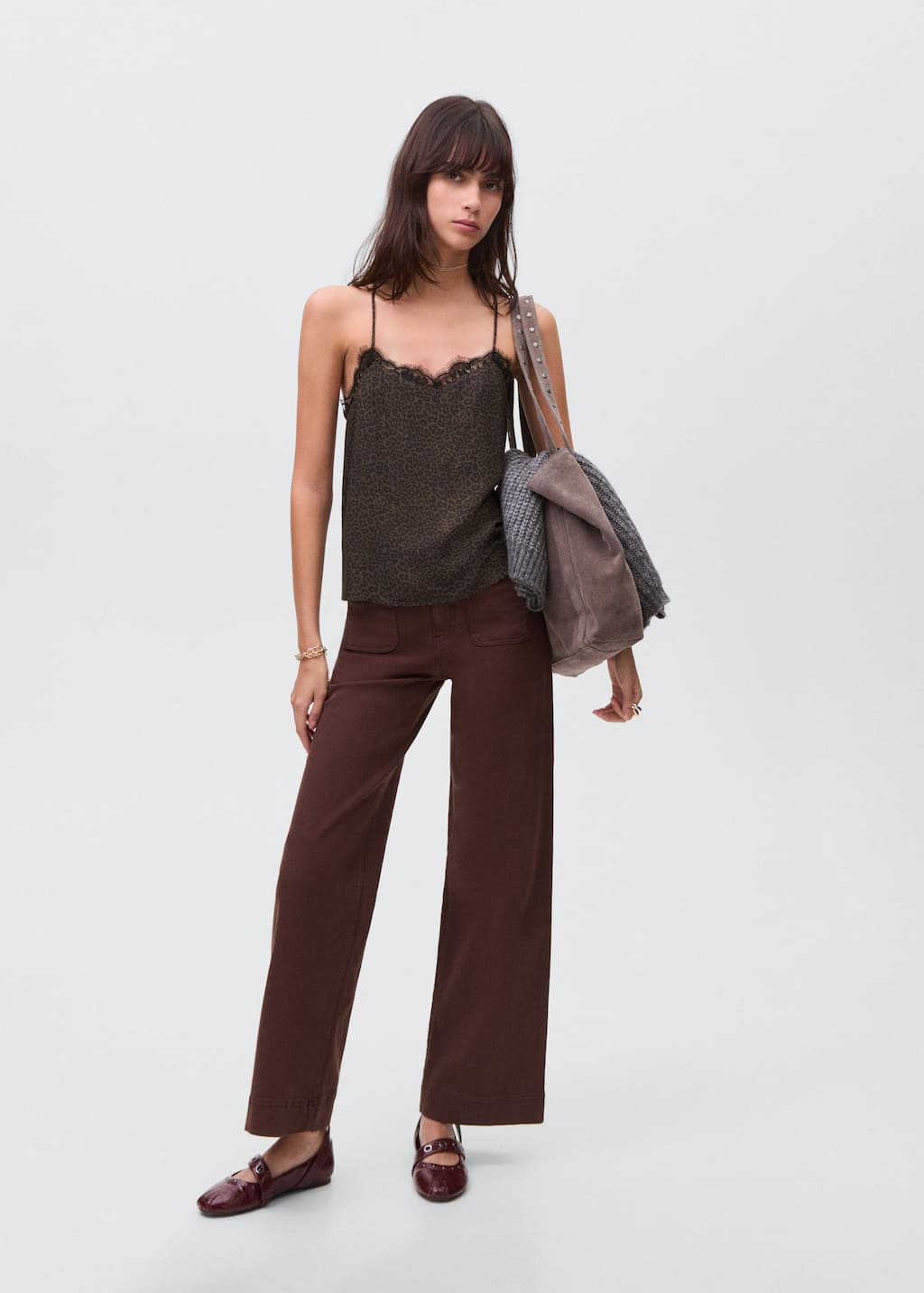 Mango Teen Leopard-print Lace Top Brown In Brown