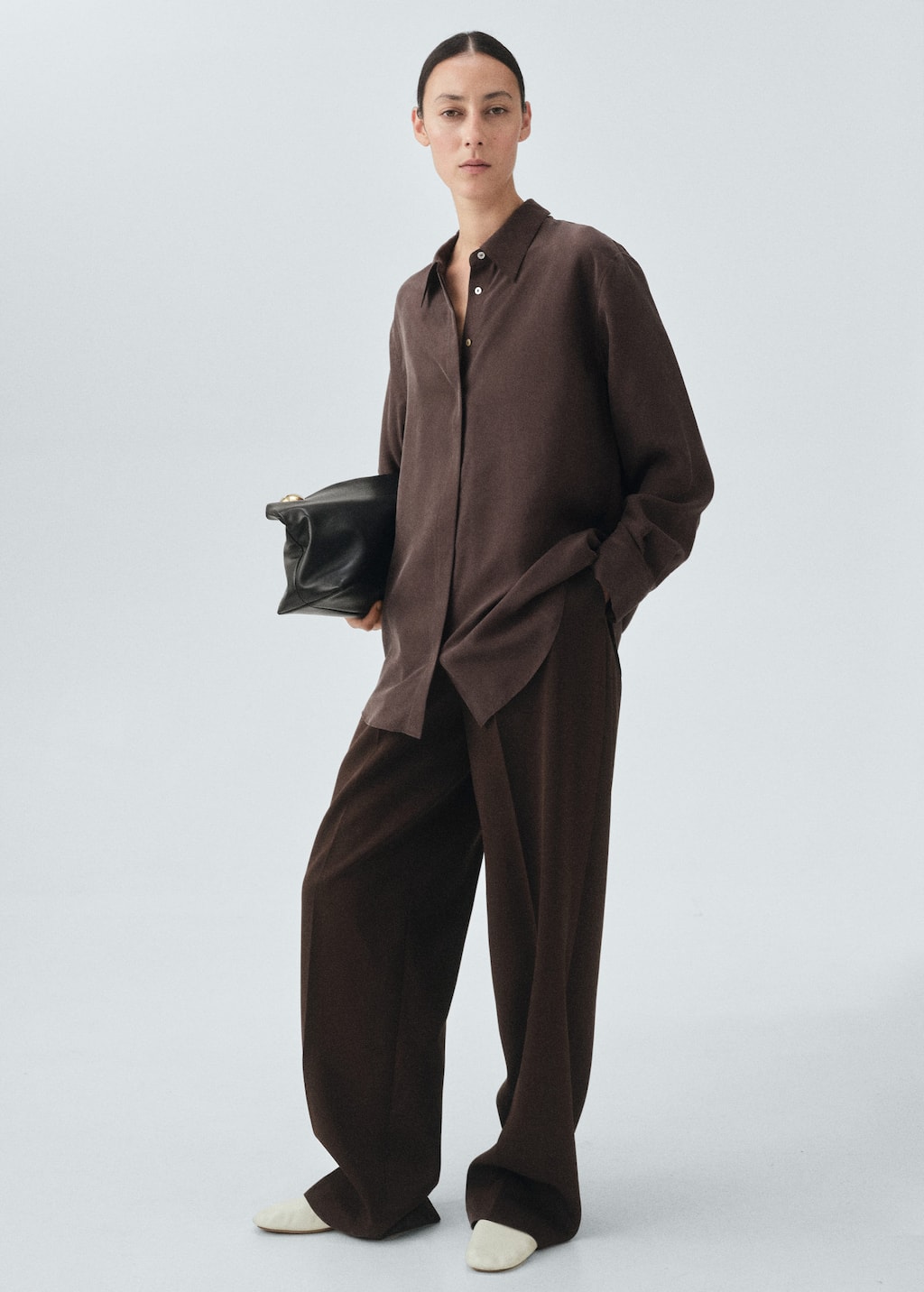 Mango 100% Silk Oversized Shirt Chocolate In Burgundy