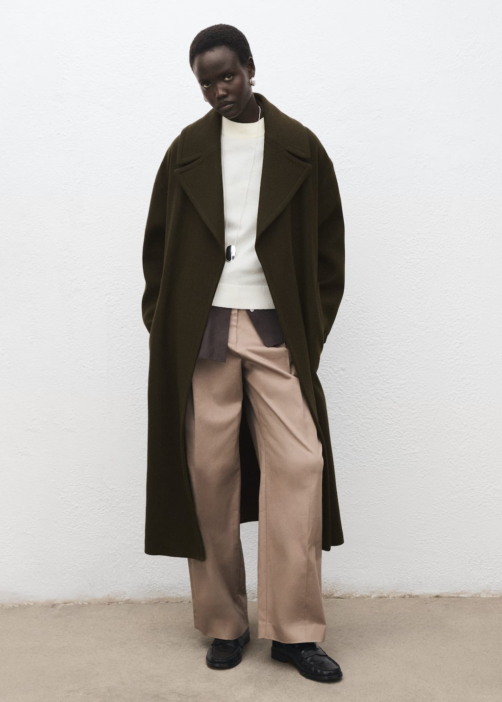 Mango Virgin Wool Coat With Belt Khaki In Multi