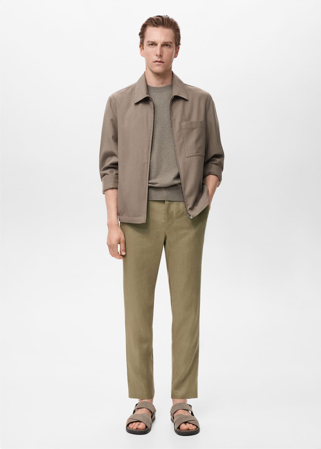 Mango Man Pantalon 100 % Lin Slim Fit Kaki - Homme - 48 -