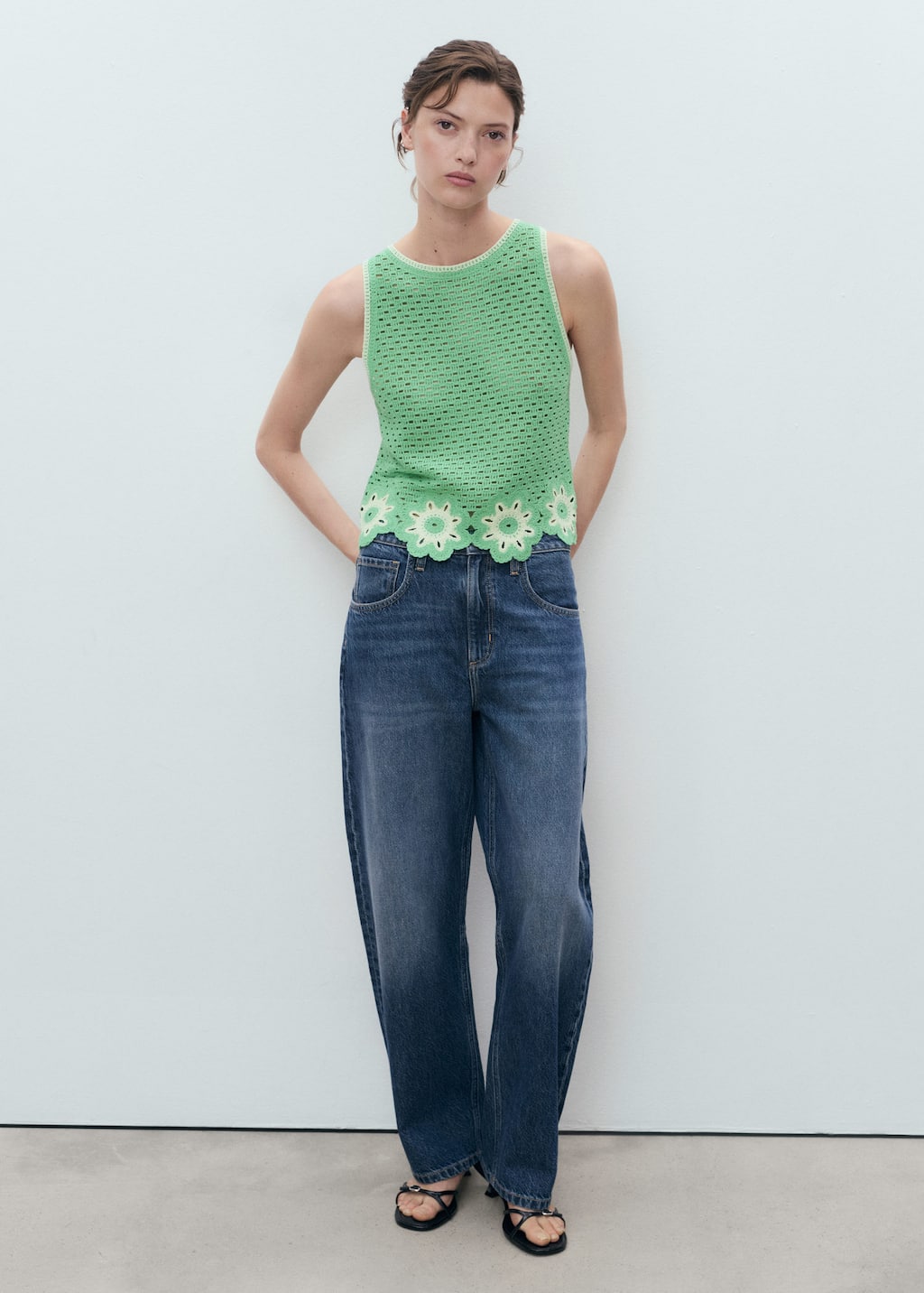 Crochet top with floral finishes pastel green - Woman - S - MANGO
