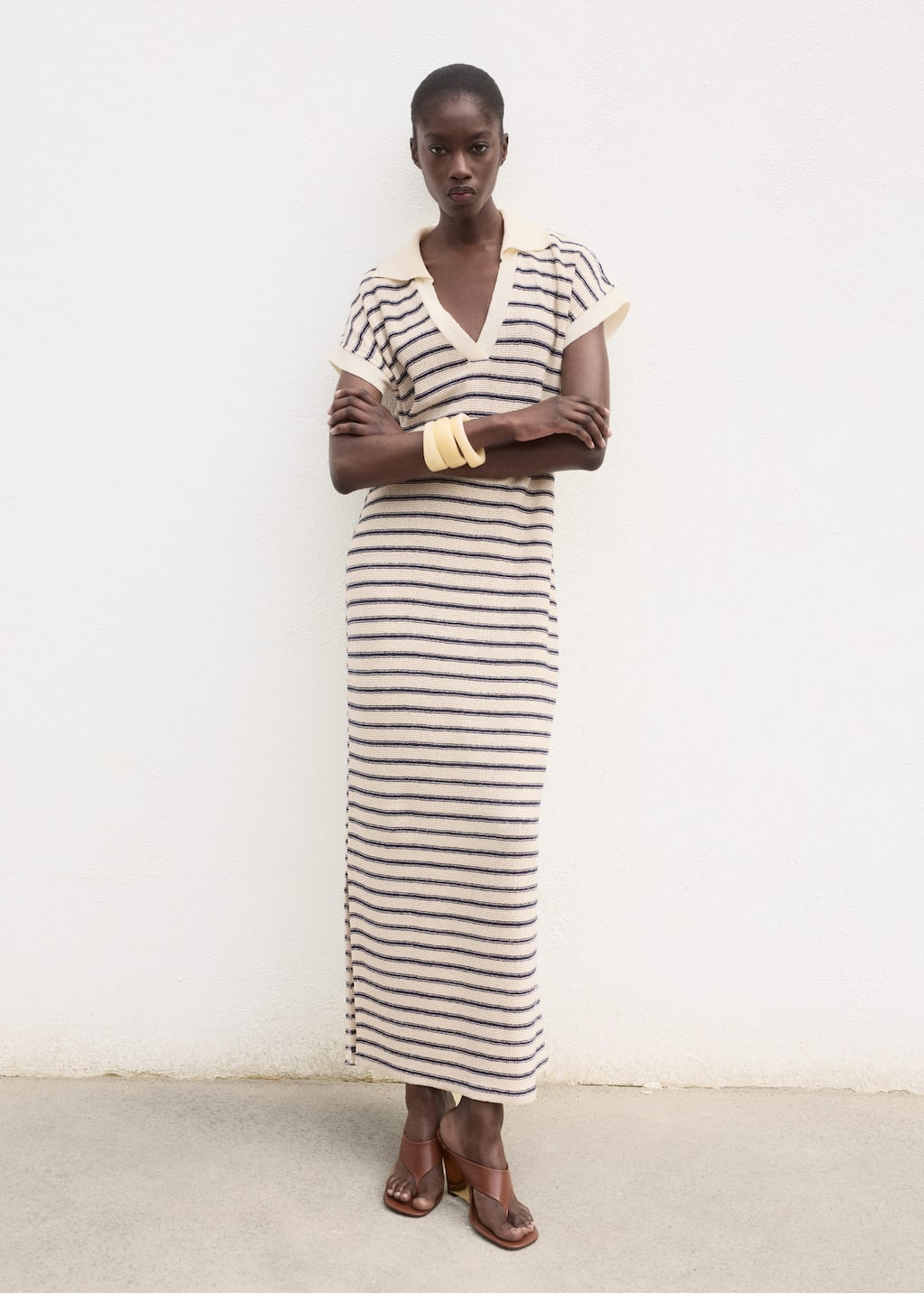 Mango Long Striped Knitted Dress Navy In Pattern