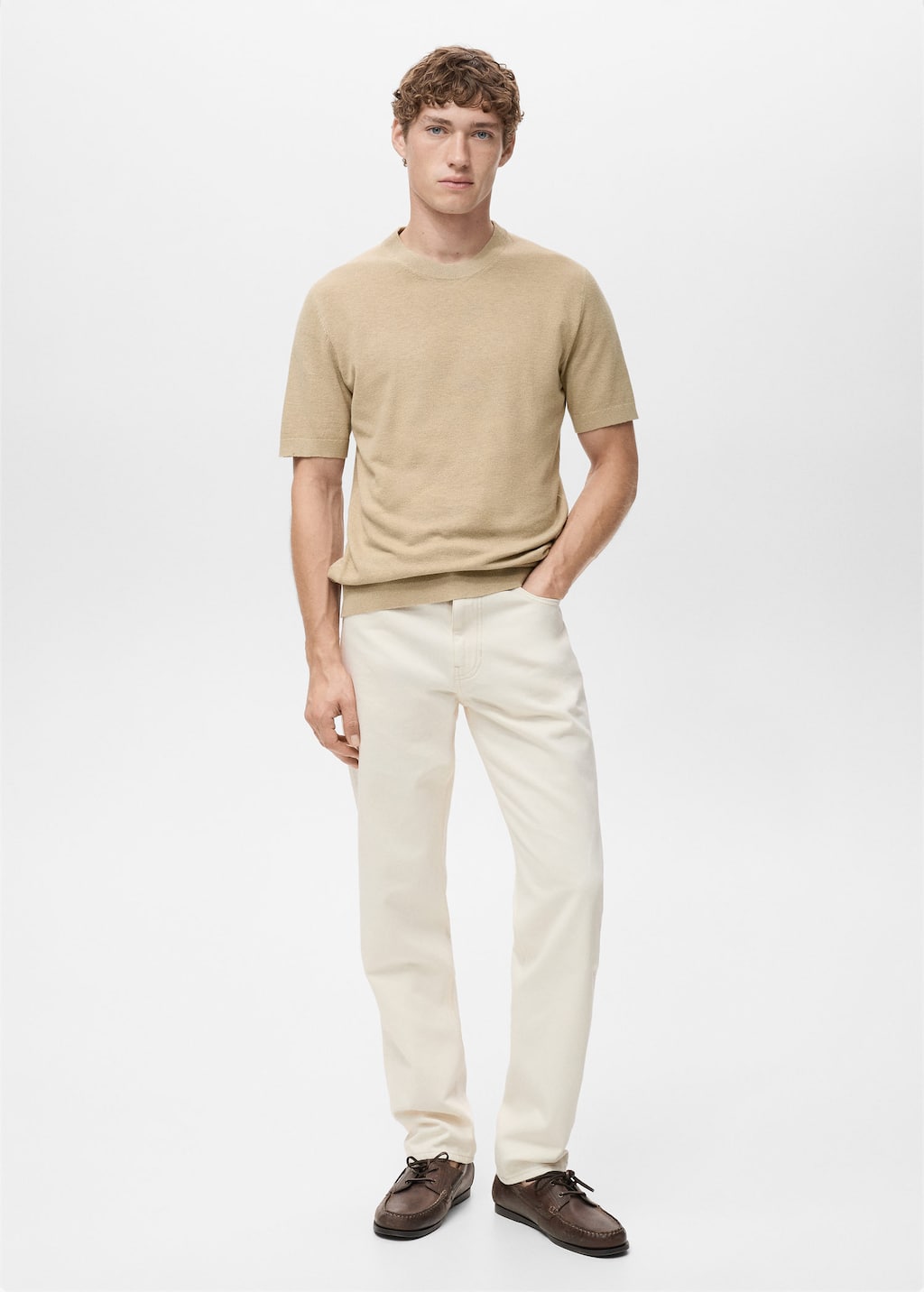 Mango Man Cotton Fine-knit T-shirt Beige