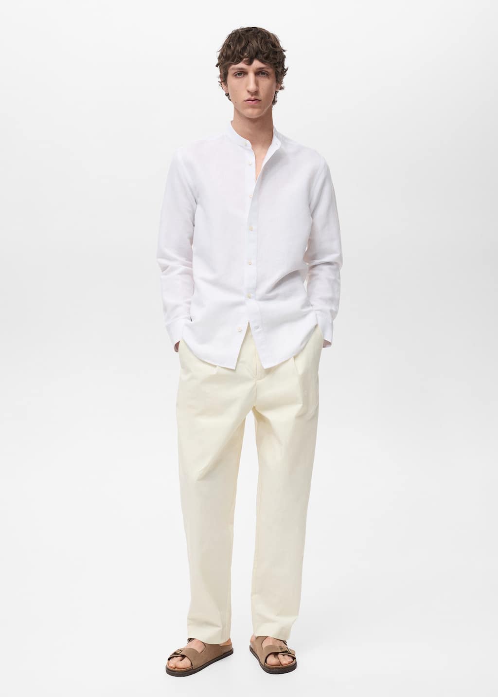 Mango Man Chemise Lin Col Mao Blanc - Homme - Xxl -