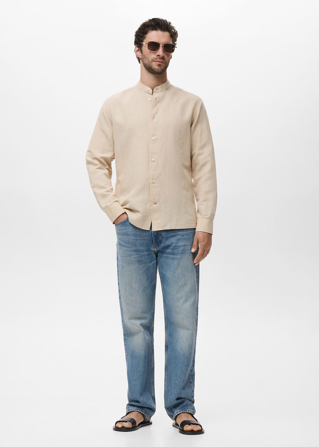 Mango Man Chemise Lin Col Mao Sable - Homme - Xxl -