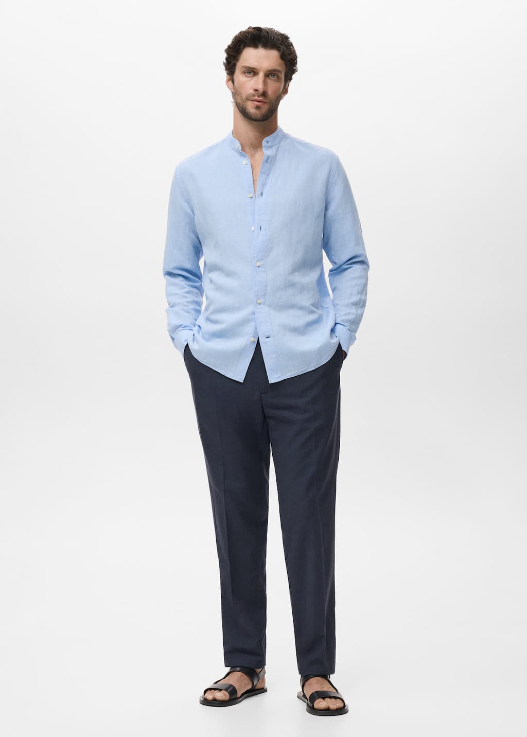 Mango Man Chemise Lin Col Mao Bleu Ciel - Homme - Xxl -