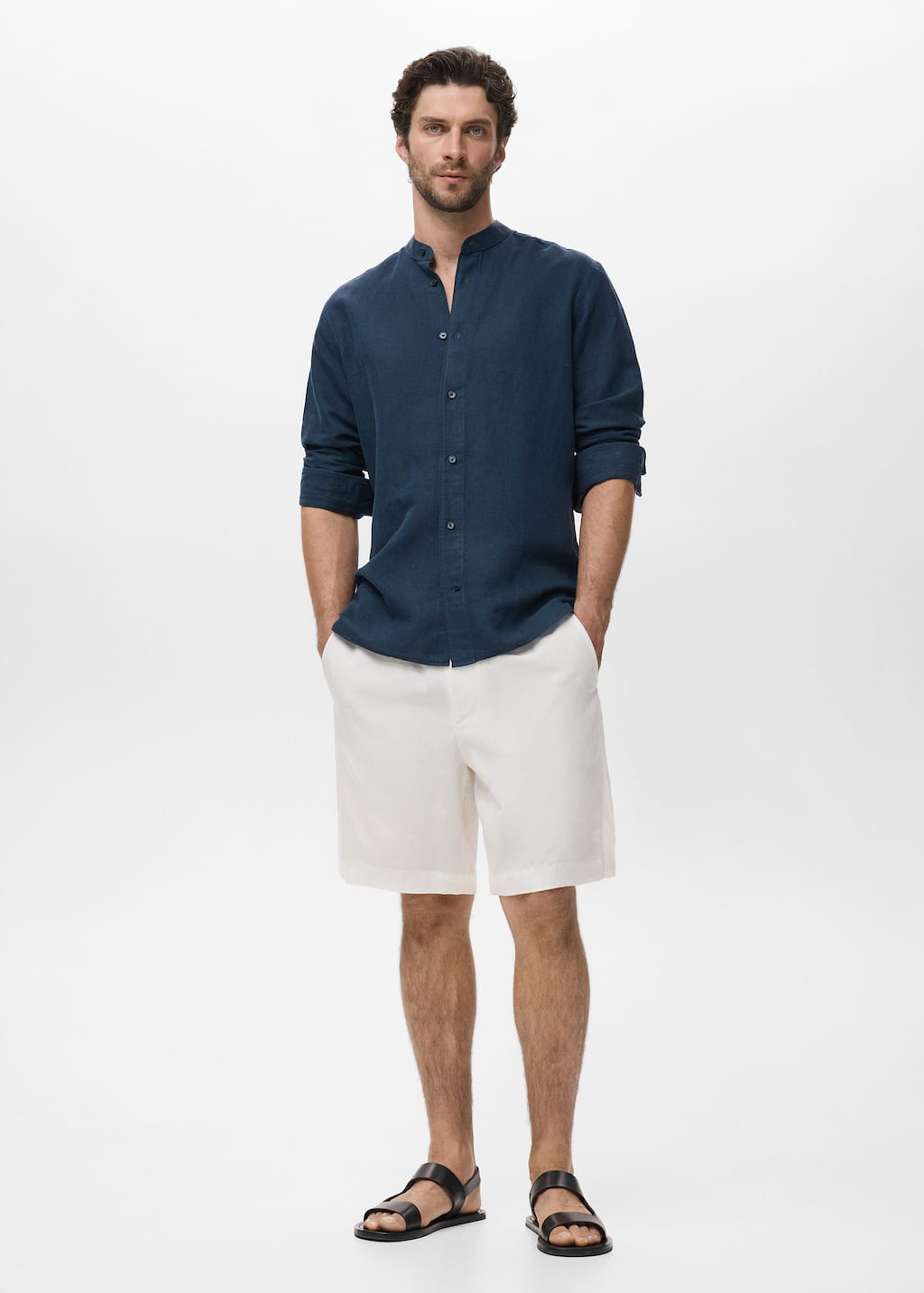 Mango Man Chemise Lin Col Mao Bleu Marine Foncé - Homme - Xxl -