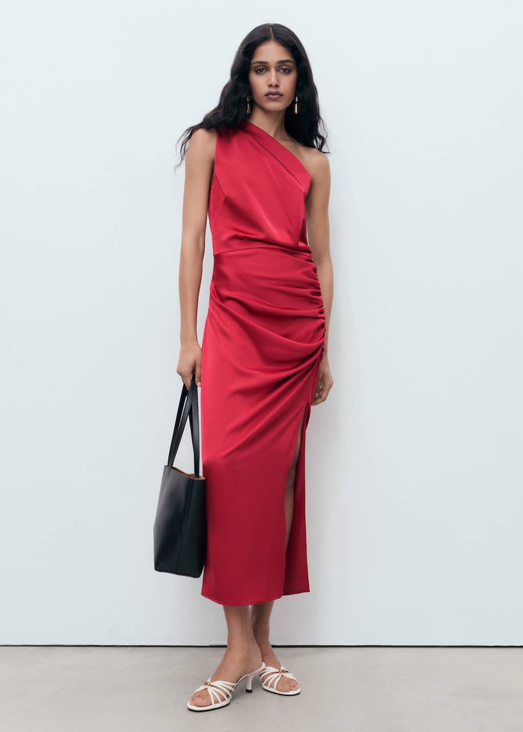 Asymmetrical satin dress with side slits