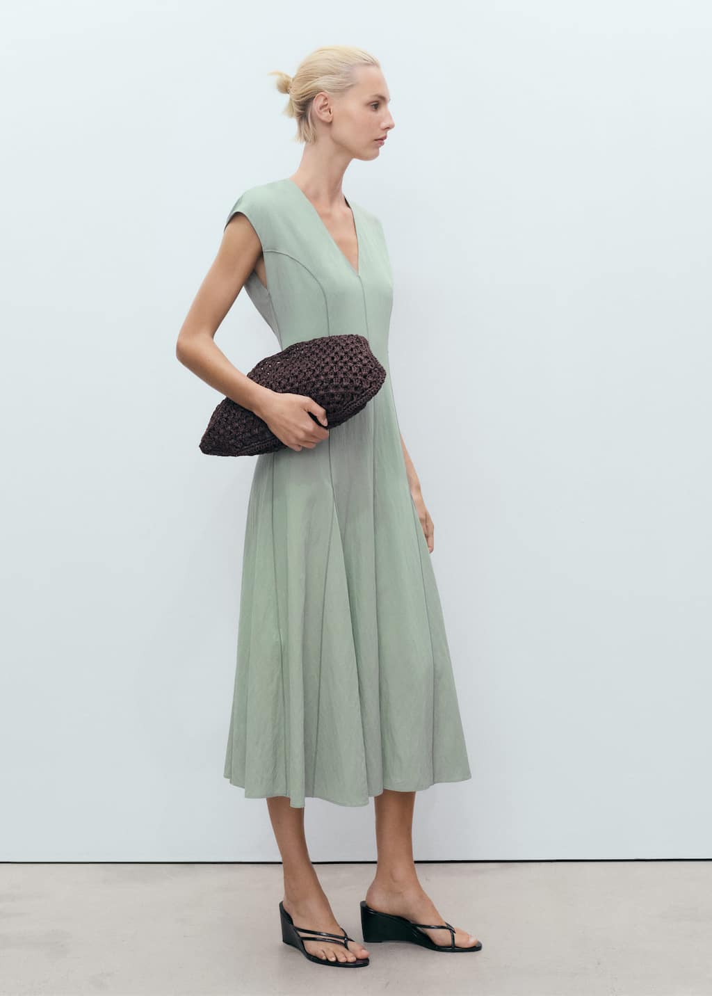 Mango Robe Midi Avec Coutures Vert - Femme - Xl - In Green