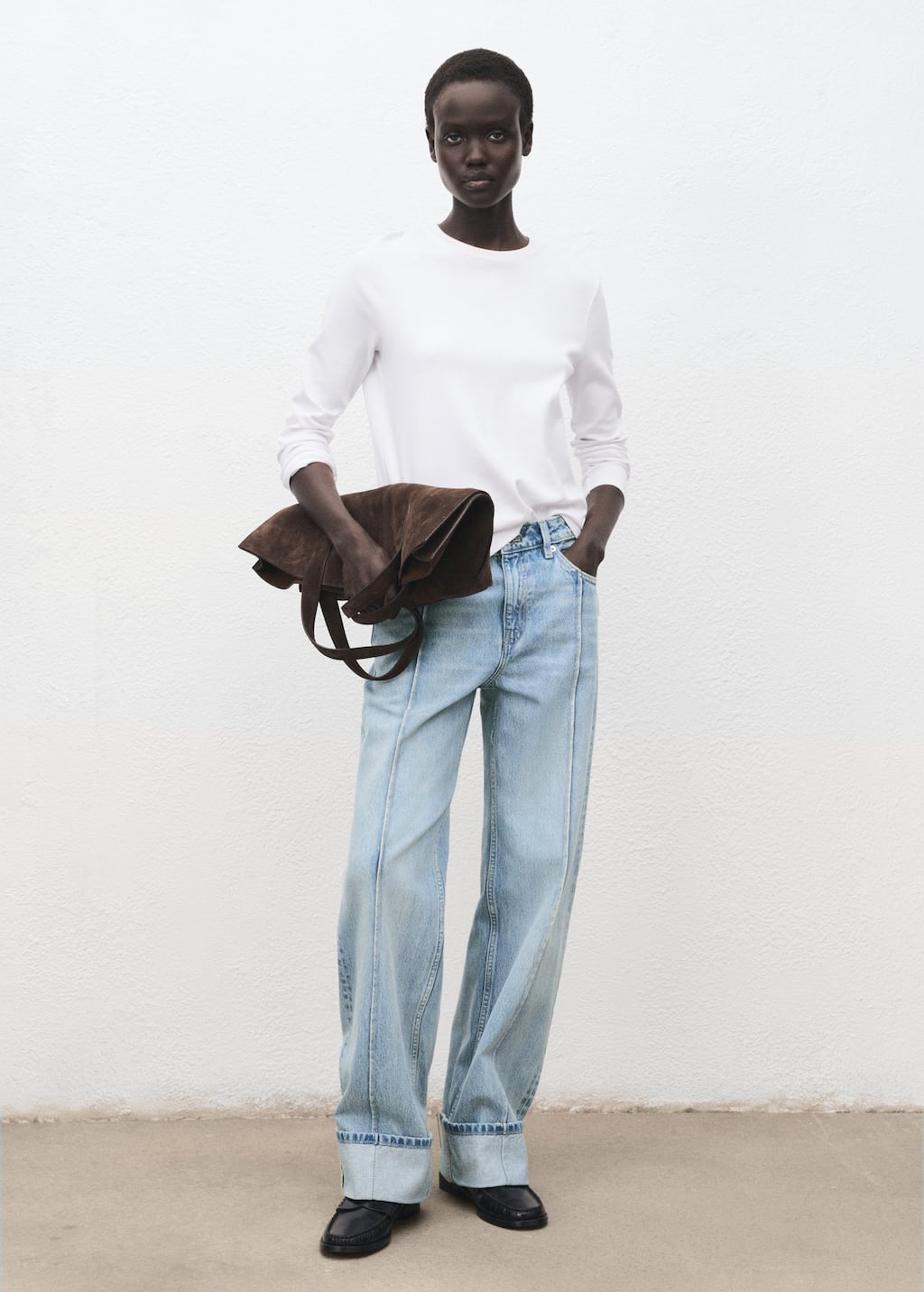 Mango Cotton Seam Front Turn-up Straight Jeans In Blue