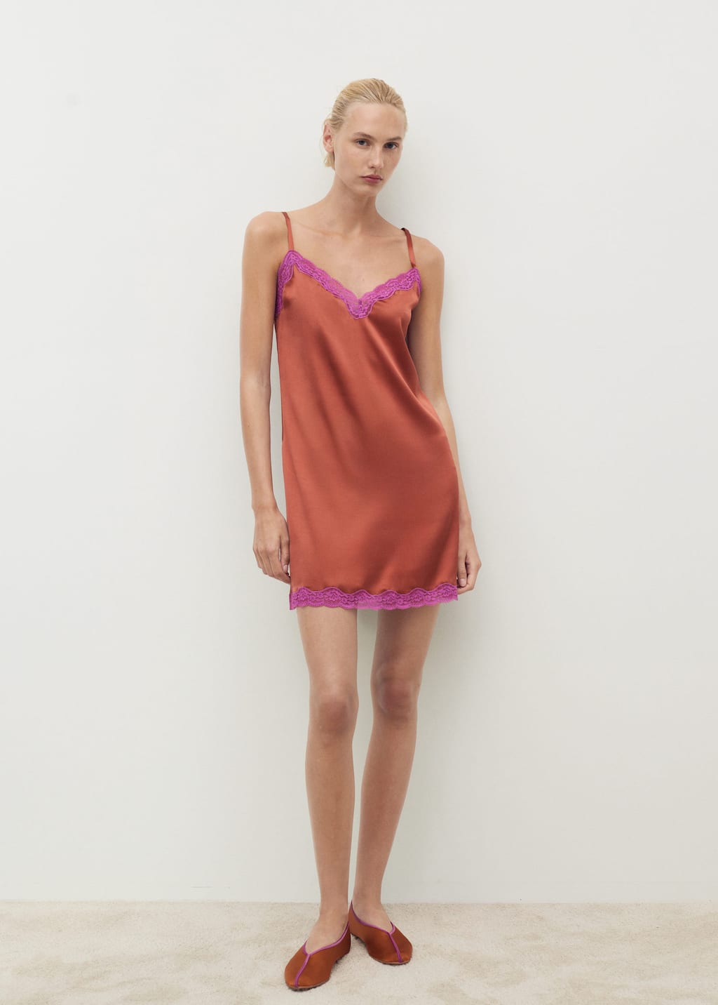 Mango Silk Nightdress With Lace In Contrasting Colour Brown In Brown