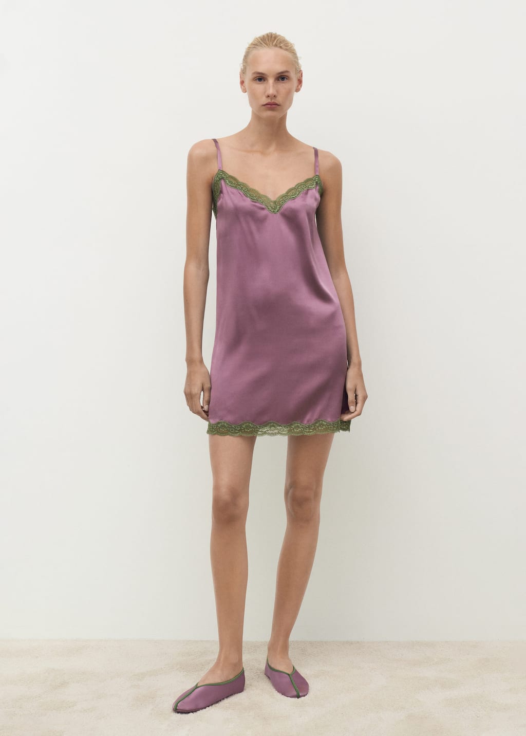 Mango Silk Nightdress With Lace In Contrasting Colour Plum In Purple