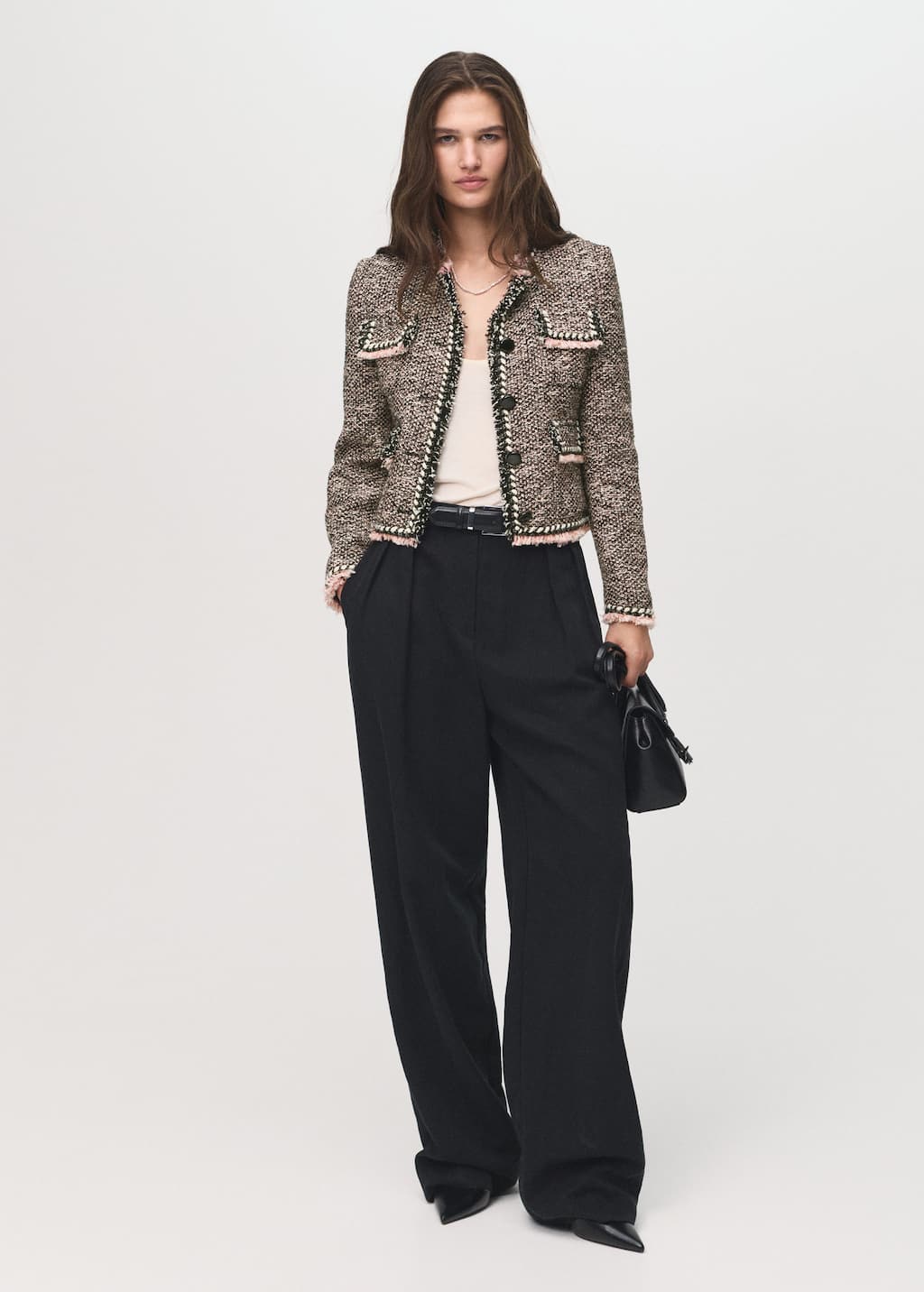 Mango Veste En Tweed À Poches Noir - Femme - L - In Black