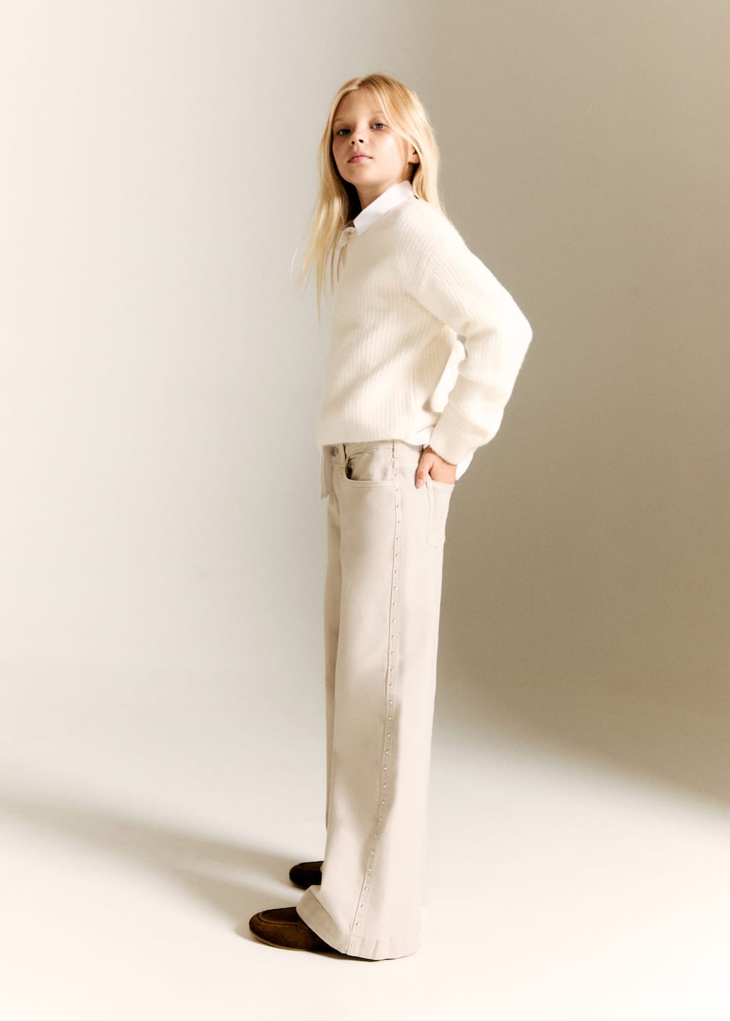 Mango Wide Leg Jeans With Studs Sand In Neutral
