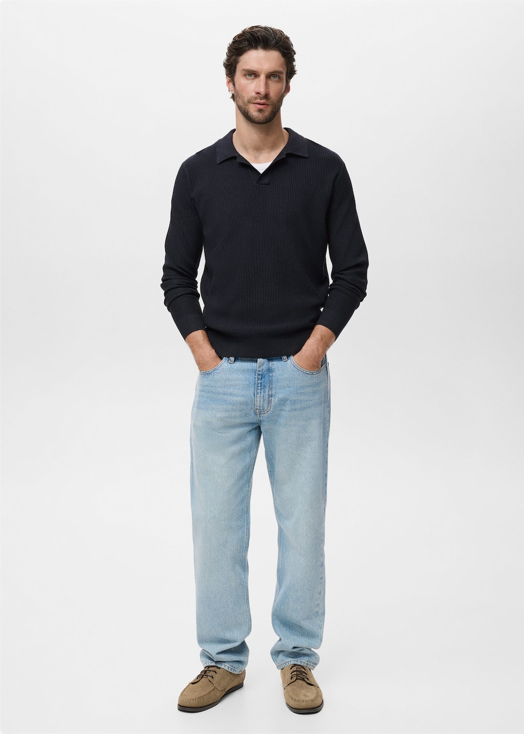 Mango Man Cotton-blend Ribbed Polo Sweater In Blue